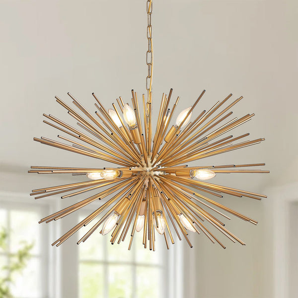 English Elm 29" Mid-Century Modern 12-Light Starburst Chandelier Gold Sputnik Pendant Fixture for Living Spaces W2312P368727