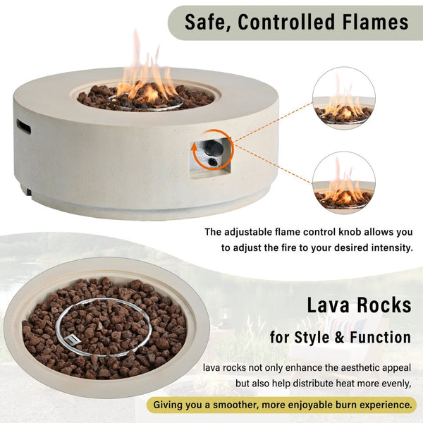 English Elm U_style Round Mgo Propane Fire Pit 50000 Btu Sculptural Outdoor Patio Table with Lava Rocks Beige N711P410554A