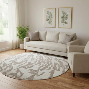 HomeRoots 8' Taupe and Ivory Animal Print Round Rug - Washable, UV Protected, Perfect for High-Traffic Areas 669483