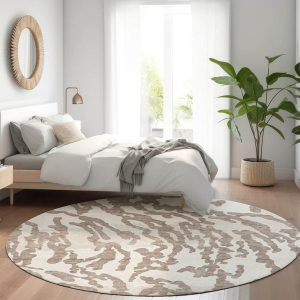HomeRoots 8' Taupe and Ivory Animal Print Round Rug - Washable, UV Protected, Perfect for High-Traffic Areas 669483