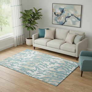 HomeRoots 5' Teal and Ivory Animal Print Area Rug – Washable, UV-Protected, Stain-Resistant for Any Room 669488