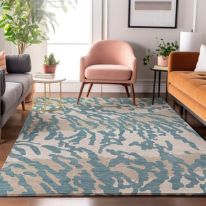 HomeRoots 5' Teal and Ivory Animal Print Area Rug – Washable, UV-Protected, Stain-Resistant for Any Room 669488