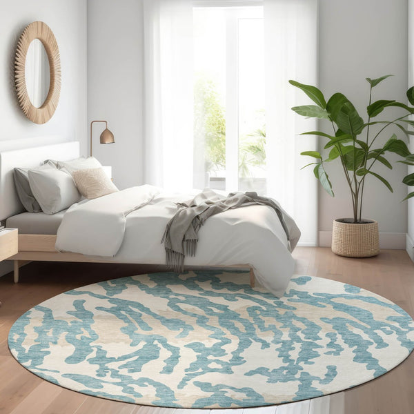 HomeRoots 8' Teal and Ivory Animal Print Round Rug - Washable, UV Protected, Durable Style for Any Space 669489