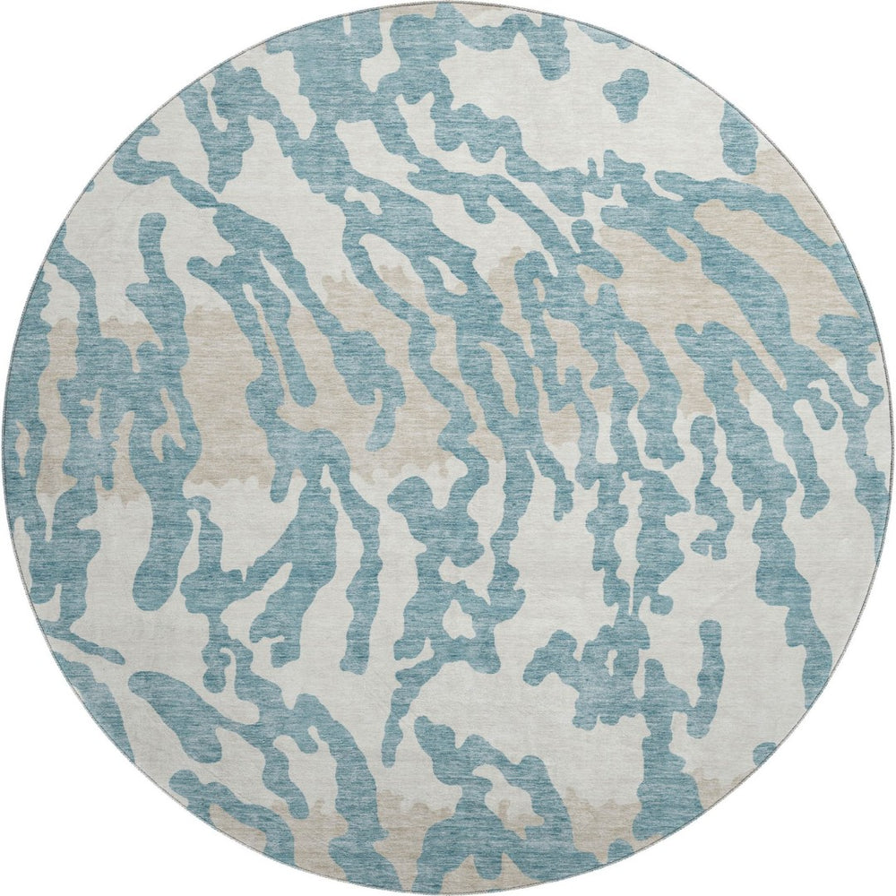HomeRoots 8' Teal and Ivory Animal Print Round Rug - Washable, UV Protected, Durable Style for Any Space 669489