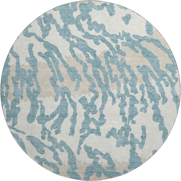 HomeRoots 8' Teal and Ivory Animal Print Round Rug - Washable, UV Protected, Durable Style for Any Space 669489