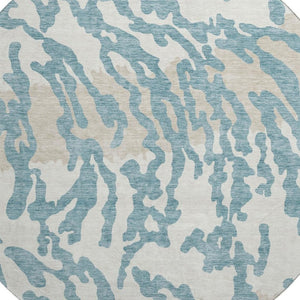 HomeRoots 8' Teal and Ivory Animal Print Round Rug - Washable, UV Protected, Durable Style for Any Space 669489