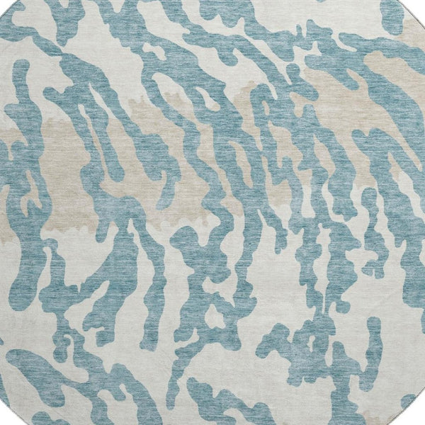 HomeRoots 8' Teal and Ivory Animal Print Round Rug - Washable, UV Protected, Durable Style for Any Space 669489