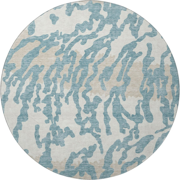 HomeRoots 8' Teal and Ivory Animal Print Round Rug - Washable, UV Protected, Durable Style for Any Space 669489
