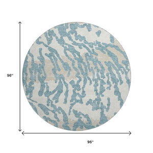HomeRoots 8' Teal and Ivory Animal Print Round Rug - Washable, UV Protected, Durable Style for Any Space 669489