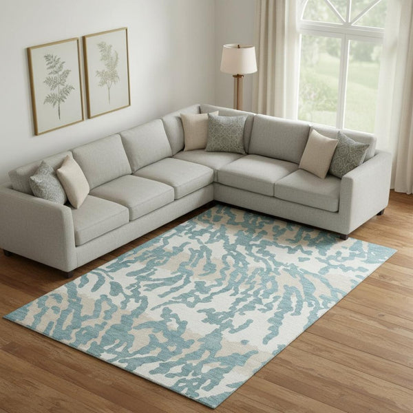 HomeRoots 8' X 10' Teal & Ivory Animal Print Area Rug – Stylish, Washable, UV-Protected & Perfect for Homes 669490