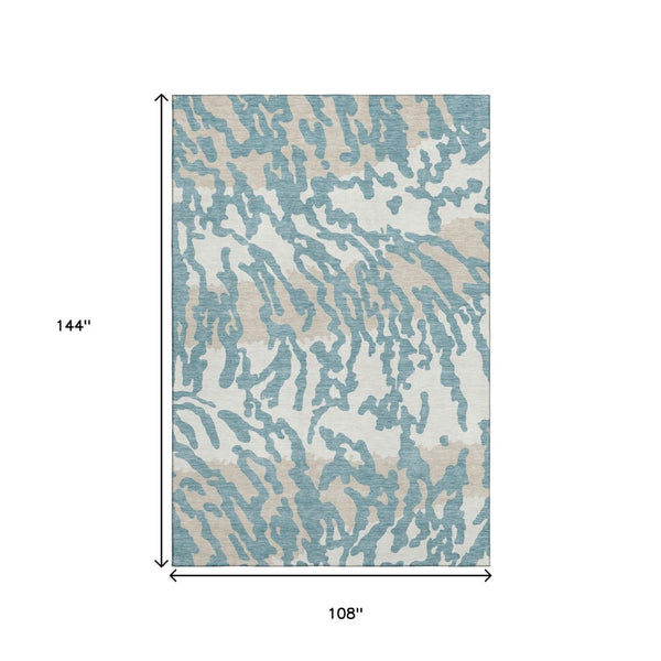 HomeRoots 9' X 12' Stylish Teal And Ivory Animal Print Area Rug – Washable, UV-Protected, Pet-Friendly Design! 669491