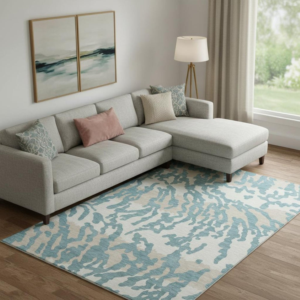 HomeRoots 9' X 12' Stylish Teal And Ivory Animal Print Area Rug – Washable, UV-Protected, Pet-Friendly Design! 669491
