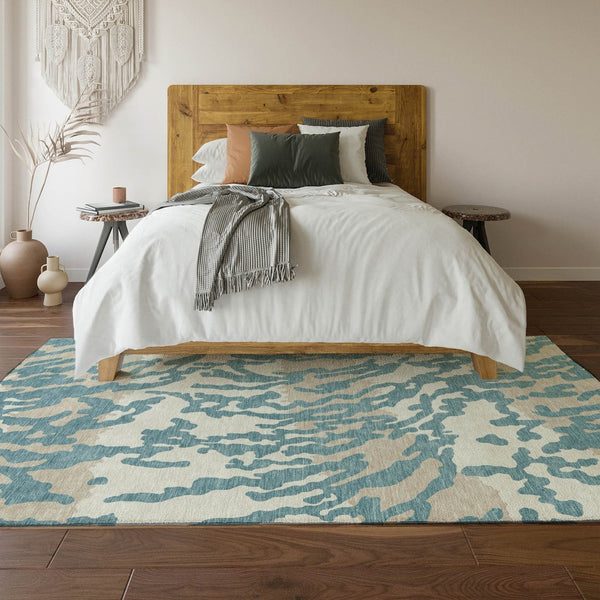 HomeRoots 9' X 12' Stylish Teal And Ivory Animal Print Area Rug – Washable, UV-Protected, Pet-Friendly Design! 669491