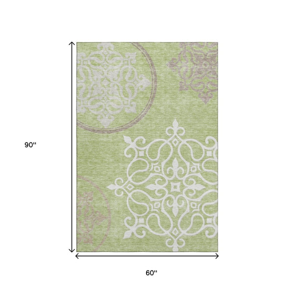 HomeRoots 5' X 8' Elegant Artichoke Green Floral Medallion Area Rug – Stain Resistant, UV Protected & Washable! 669494