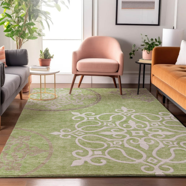 HomeRoots 5' X 8' Elegant Artichoke Green Floral Medallion Area Rug – Stain Resistant, UV Protected & Washable! 669494