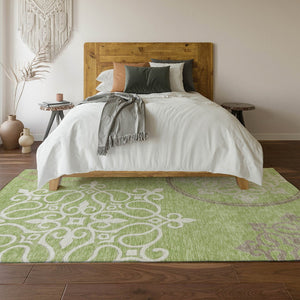 HomeRoots 5' X 8' Elegant Artichoke Green Floral Medallion Area Rug – Stain Resistant, UV Protected & Washable! 669494