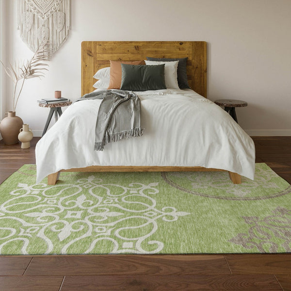 HomeRoots 5' X 8' Elegant Artichoke Green Floral Medallion Area Rug – Stain Resistant, UV Protected & Washable! 669494
