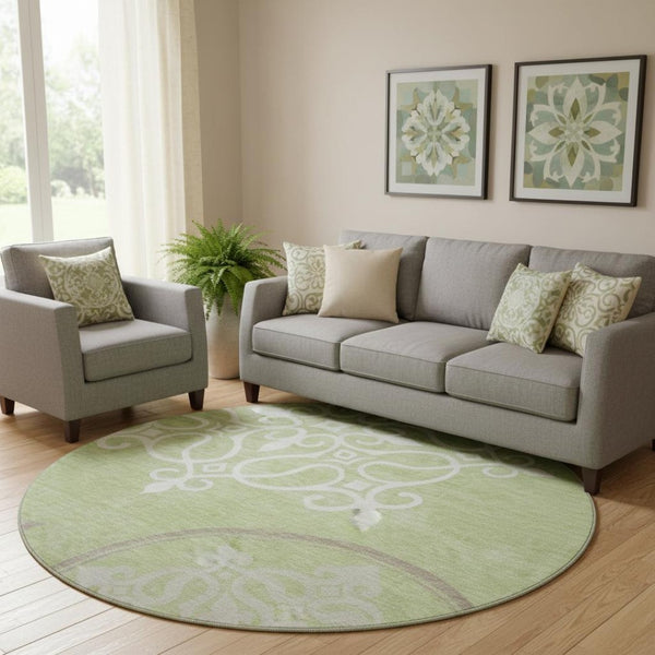 HomeRoots 8' Floral Medallion Round Rug in Artichoke Green, Ivory & Gray - Washable, UV Protected, Durable Design 669495