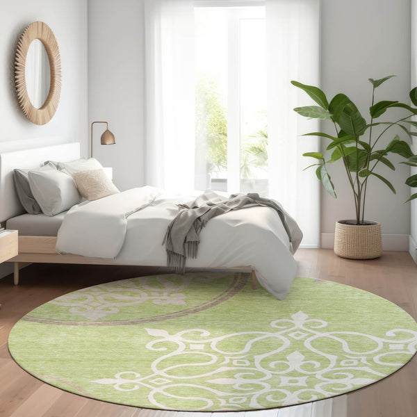HomeRoots 8' Floral Medallion Round Rug in Artichoke Green, Ivory & Gray - Washable, UV Protected, Durable Design 669495