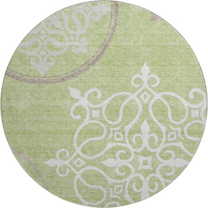 HomeRoots 8' Floral Medallion Round Rug in Artichoke Green, Ivory & Gray - Washable, UV Protected, Durable Design 669495