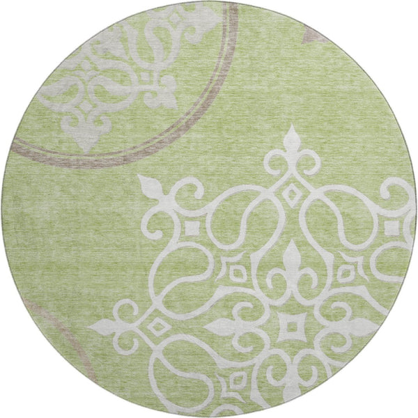 HomeRoots 8' Floral Medallion Round Rug in Artichoke Green, Ivory & Gray - Washable, UV Protected, Durable Design 669495