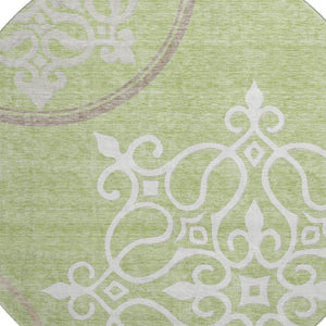 HomeRoots 8' Floral Medallion Round Rug in Artichoke Green, Ivory & Gray - Washable, UV Protected, Durable Design 669495