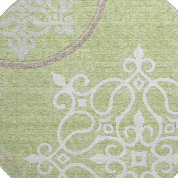 HomeRoots 8' Floral Medallion Round Rug in Artichoke Green, Ivory & Gray - Washable, UV Protected, Durable Design 669495