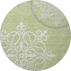 HomeRoots 8' Floral Medallion Round Rug in Artichoke Green, Ivory & Gray - Washable, UV Protected, Durable Design 669495