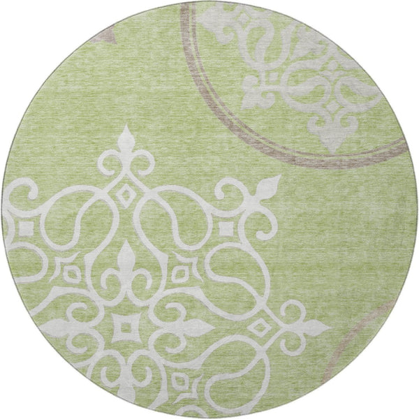 HomeRoots 8' Floral Medallion Round Rug in Artichoke Green, Ivory & Gray - Washable, UV Protected, Durable Design 669495