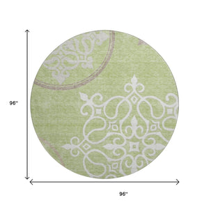 HomeRoots 8' Floral Medallion Round Rug in Artichoke Green, Ivory & Gray - Washable, UV Protected, Durable Design 669495