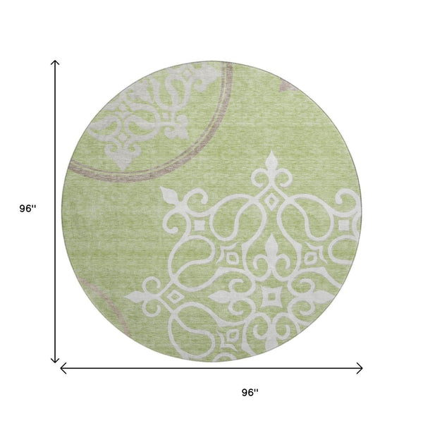 HomeRoots 8' Floral Medallion Round Rug in Artichoke Green, Ivory & Gray - Washable, UV Protected, Durable Design 669495