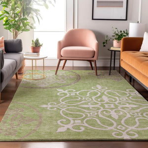 HomeRoots 8' X 10' Artichoke Green Floral Medallion Area Rug – Washable, UV-Protected, Stain-Resistant Elegance 669496