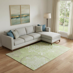 HomeRoots 9' X 12' Floral Medallion Area Rug in Artichoke Green, Ivory & Gray – Washable & UV Protected! 669497