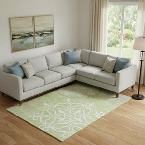 HomeRoots 10' Artichoke Green Floral Medallion Washable Area Rug - Stylish, Durable, UV Protected for Home Use 669498
