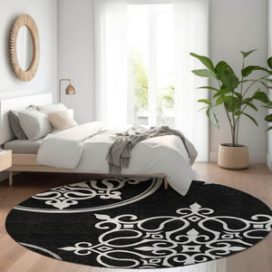 HomeRoots 8' Black And Ivory Floral Medallion Round Rug - Washable, UV-Protected, Durable & Stylish Home Accent 669501