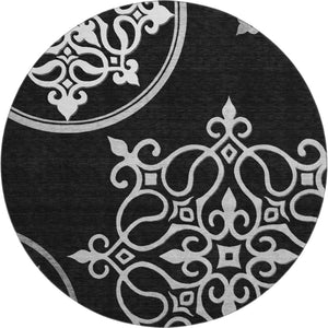 HomeRoots 8' Black And Ivory Floral Medallion Round Rug - Washable, UV-Protected, Durable & Stylish Home Accent 669501