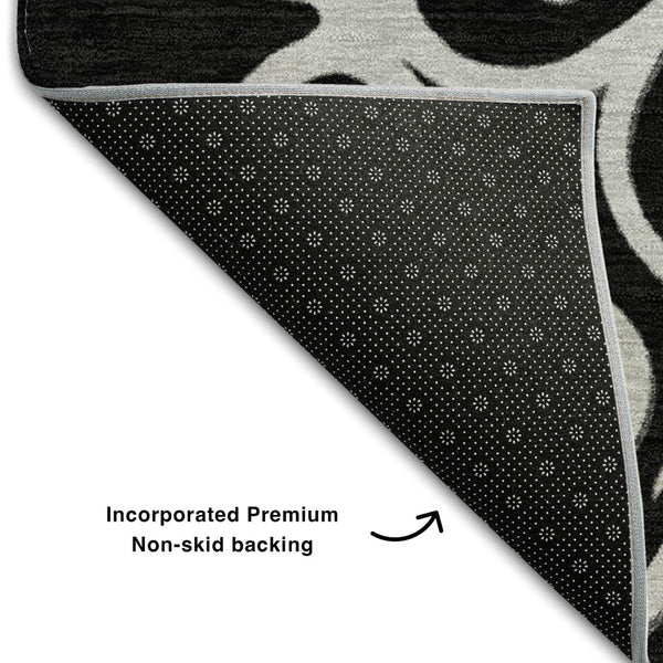 HomeRoots 8' Black And Ivory Floral Medallion Round Rug - Washable, UV-Protected, Durable & Stylish Home Accent 669501