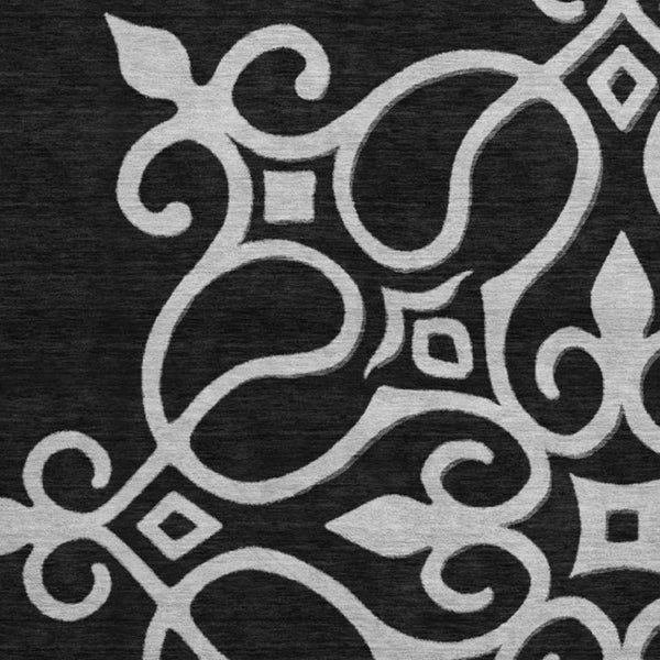 HomeRoots 8' Black And Ivory Floral Medallion Round Rug - Washable, UV-Protected, Durable & Stylish Home Accent 669501