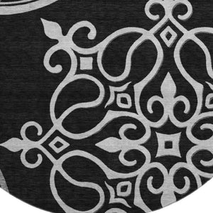 HomeRoots 8' Black And Ivory Floral Medallion Round Rug - Washable, UV-Protected, Durable & Stylish Home Accent 669501