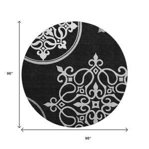 HomeRoots 8' Black And Ivory Floral Medallion Round Rug - Washable, UV-Protected, Durable & Stylish Home Accent 669501