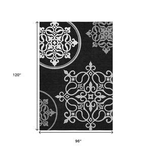HomeRoots 8' X 10' Elegant Black and Ivory Floral Medallion Area Rug - Durable, Washable, UV Protected Design 669502