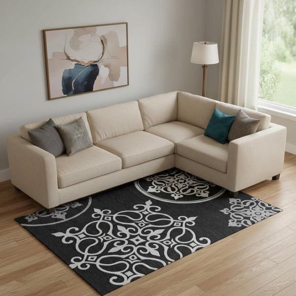 HomeRoots 8' X 10' Elegant Black and Ivory Floral Medallion Area Rug - Durable, Washable, UV Protected Design 669502