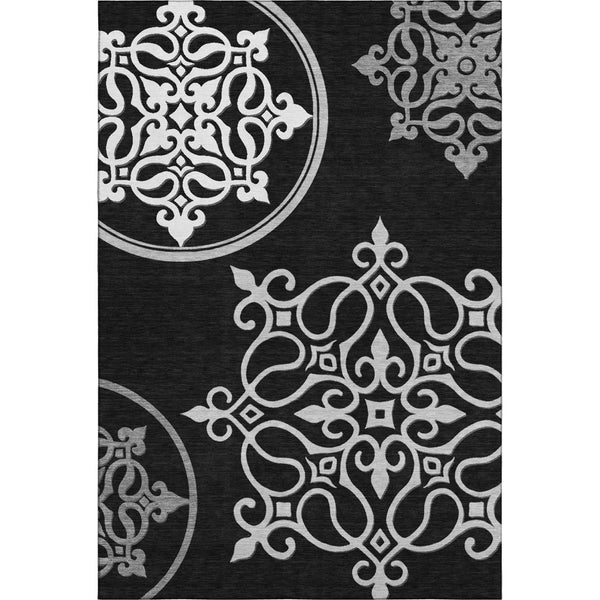 HomeRoots 8' X 10' Elegant Black and Ivory Floral Medallion Area Rug - Durable, Washable, UV Protected Design 669502