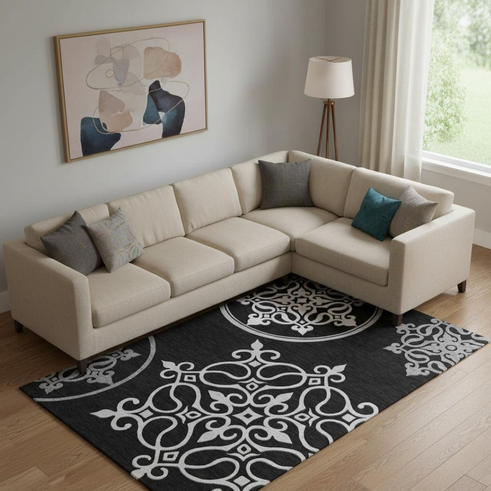 HomeRoots 9' X 12' Elegant Black and Ivory Floral Medallion Area Rug - Durable, Washable, UV-Resistant Design 669503
