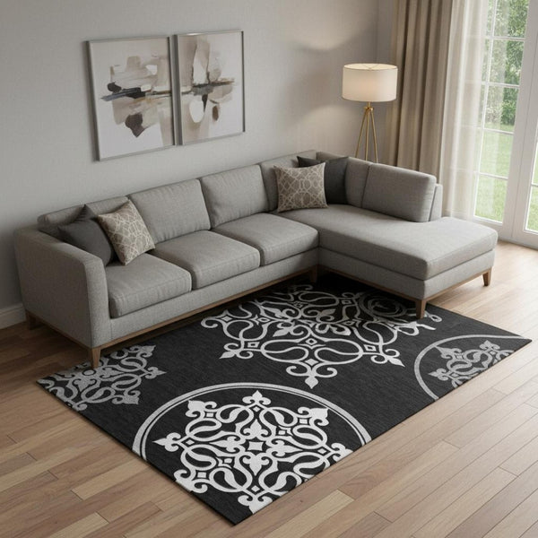 HomeRoots 10' X 14' Black & Ivory Floral Medallion Area Rug - Washable, UV Protected, Easy Care for Homes 669504