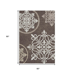 HomeRoots 5' X 8' Chocolate and Ivory Floral Medallion Area Rug – Washable, UV-Protected, Durable & Stylish 669506
