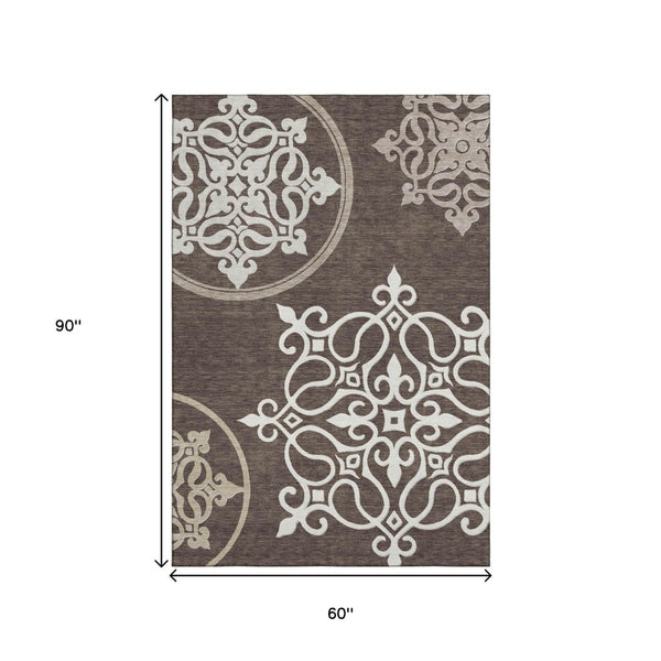 HomeRoots 5' X 8' Chocolate and Ivory Floral Medallion Area Rug – Washable, UV-Protected, Durable & Stylish 669506