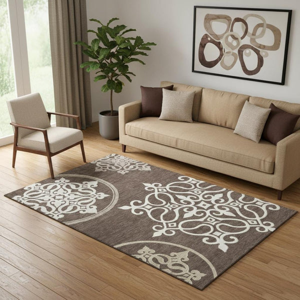 HomeRoots 5' X 8' Chocolate and Ivory Floral Medallion Area Rug – Washable, UV-Protected, Durable & Stylish 669506
