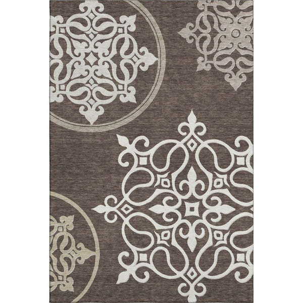 HomeRoots 5' X 8' Chocolate and Ivory Floral Medallion Area Rug – Washable, UV-Protected, Durable & Stylish 669506