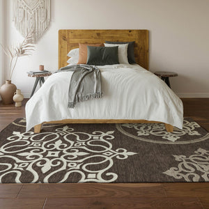 HomeRoots 5' X 8' Chocolate and Ivory Floral Medallion Area Rug – Washable, UV-Protected, Durable & Stylish 669506